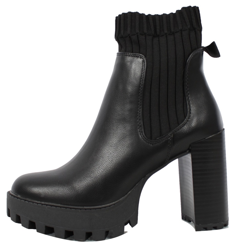 Black Round Toe Lug Platform Knit Panel Block Heel - Picture 3 of 7